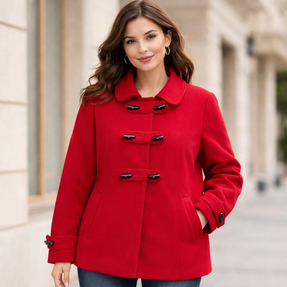 Style & Co Red Wool Blend Toggle Coat Faux Fur Hood XL - Picture 1 of 16